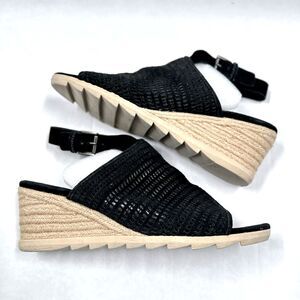 Eileen Fisher Espadrille Sandals 9 Aura Black Suede Mesh Slingback Wedge Shoes